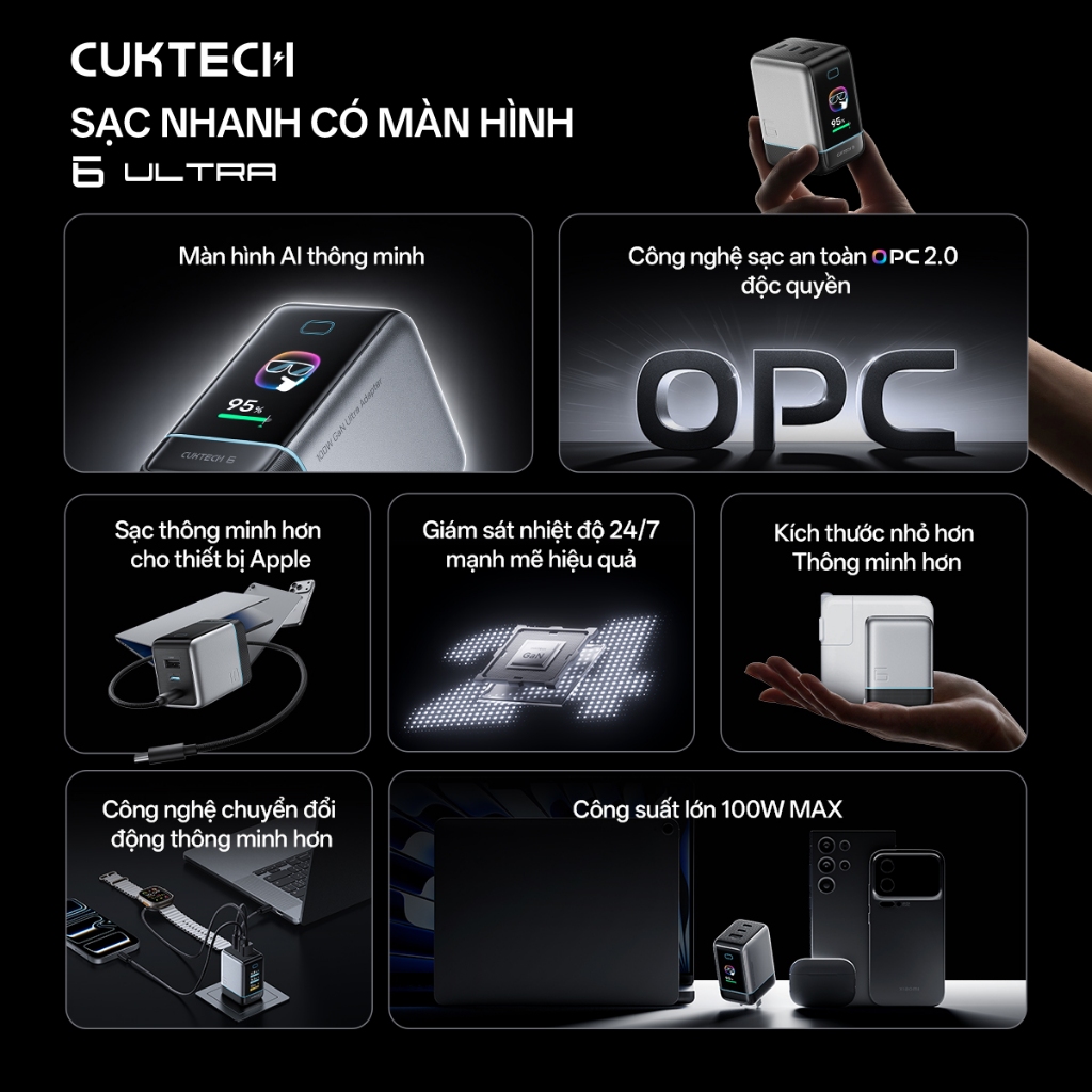 Củ Sạc Nhanh CUKTECH GaN 100W Màn Hình Hiển Thị 3 Cổng Type-C Sạc Laptop 65W Tương Thích iP 17 Pro Max/MacBook/Xiaomi