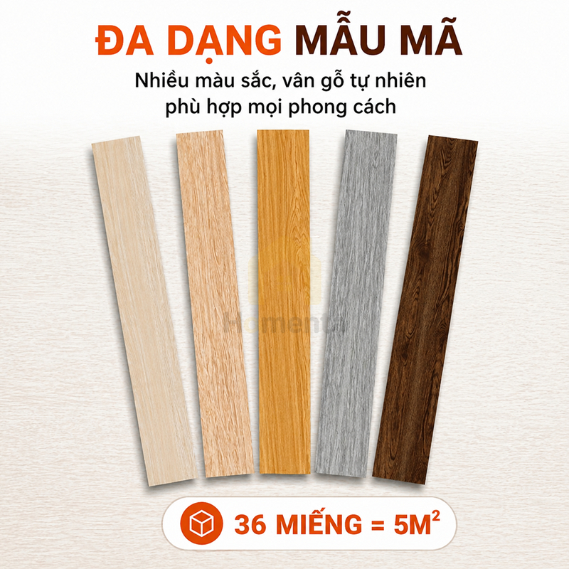 Sàn Nhựa Dán Sẵn Vân Gỗ 2mm Chống Nước, Chống Trơn Combo 36 Tấm (5m²) Dễ Thi Công Cho Phòng Khách, N