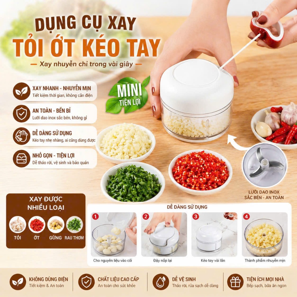 Máy Xay Tỏi Ớt Cầm Tay Mini Food Chopper, Dụng Cụ Xay Tỏi Ớt Dây Rút 2 Lưỡi Thép Không Gỉ Mini chop - Dụng cụ xay tỏi ớt