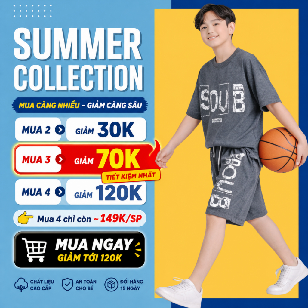 Set bộ bé trai mùa hè – Đồ bộ bé trai áo thun quần short cotton co giãn, thoáng mát, năng động 4-14 tuổi - B88 | JJ Kids