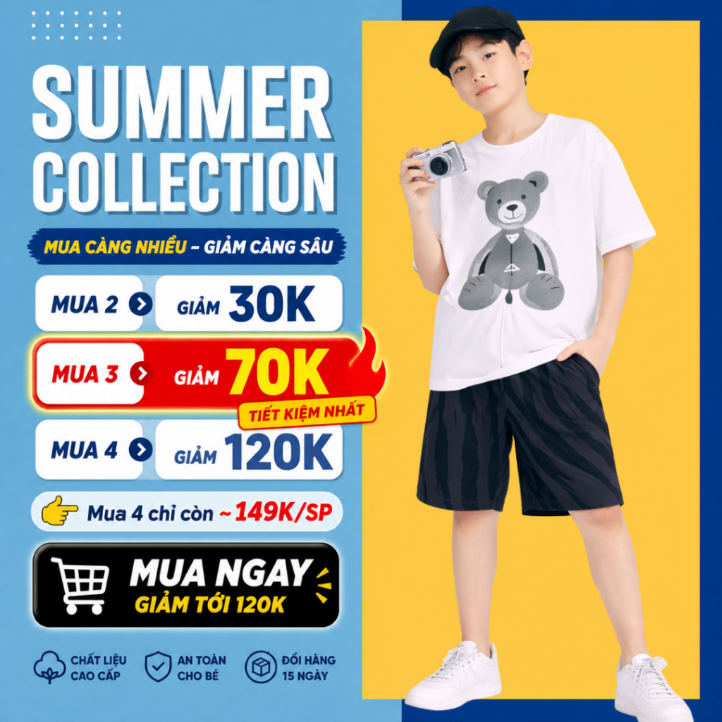 Đồ bộ bé trai mùa hè, áo thun quần short cotton co giãn, thoáng mát, 4-14 tuổi - B43 | JJ Kids