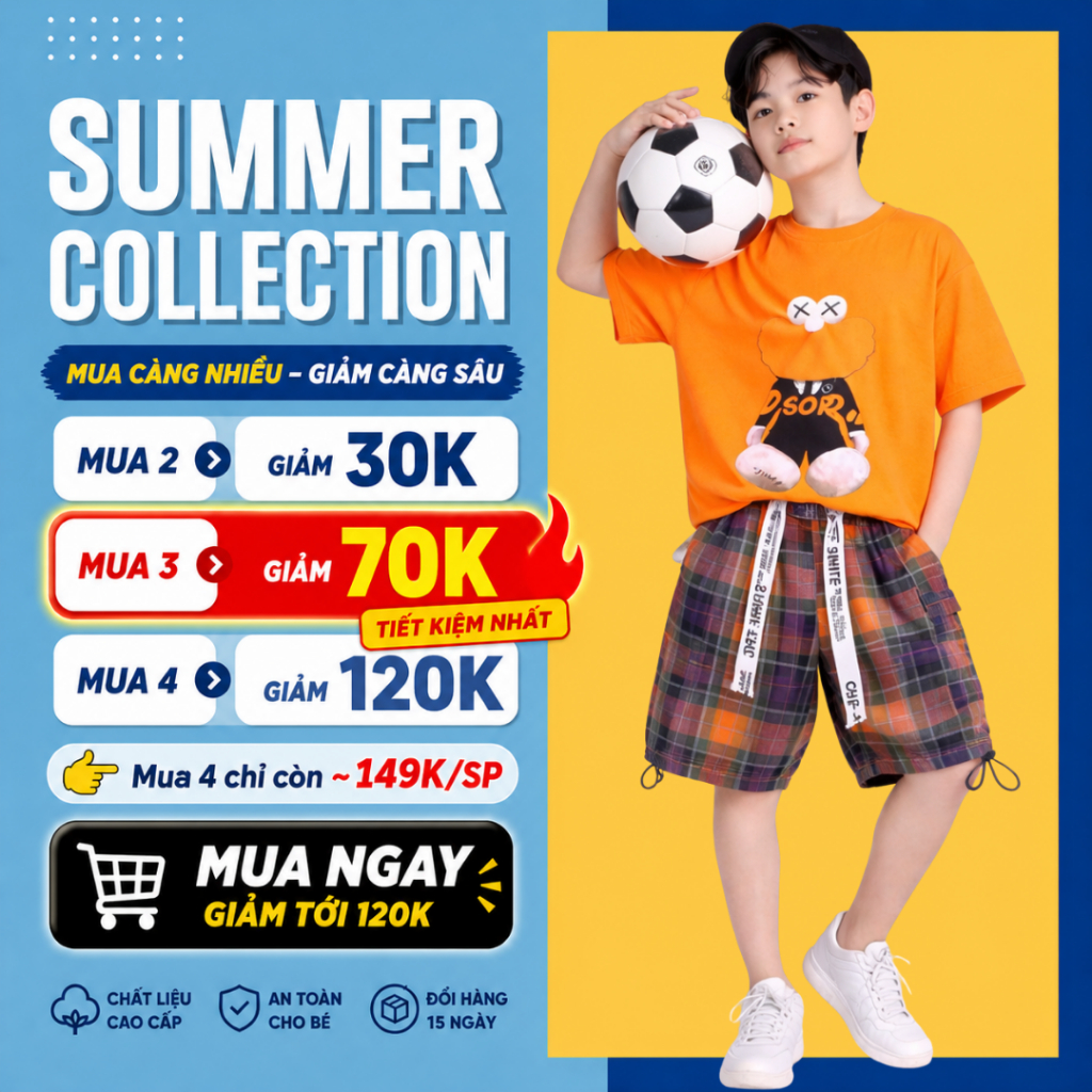 Đồ bộ bé trai mùa hè, áo thun quần short cotton co giãn, thoáng mát, 4-14 tuổi - B49 | JJ Kids