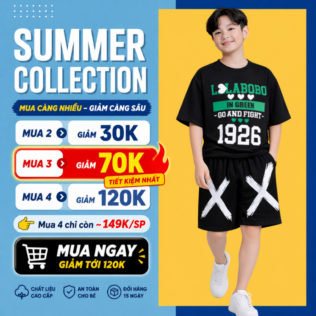 Bộ quần áo bé trai mùa hè JJ Kids chất cotton co giản cho trẻ em 2,3,4,5,6,7,8,9,10,11,12 tuổi