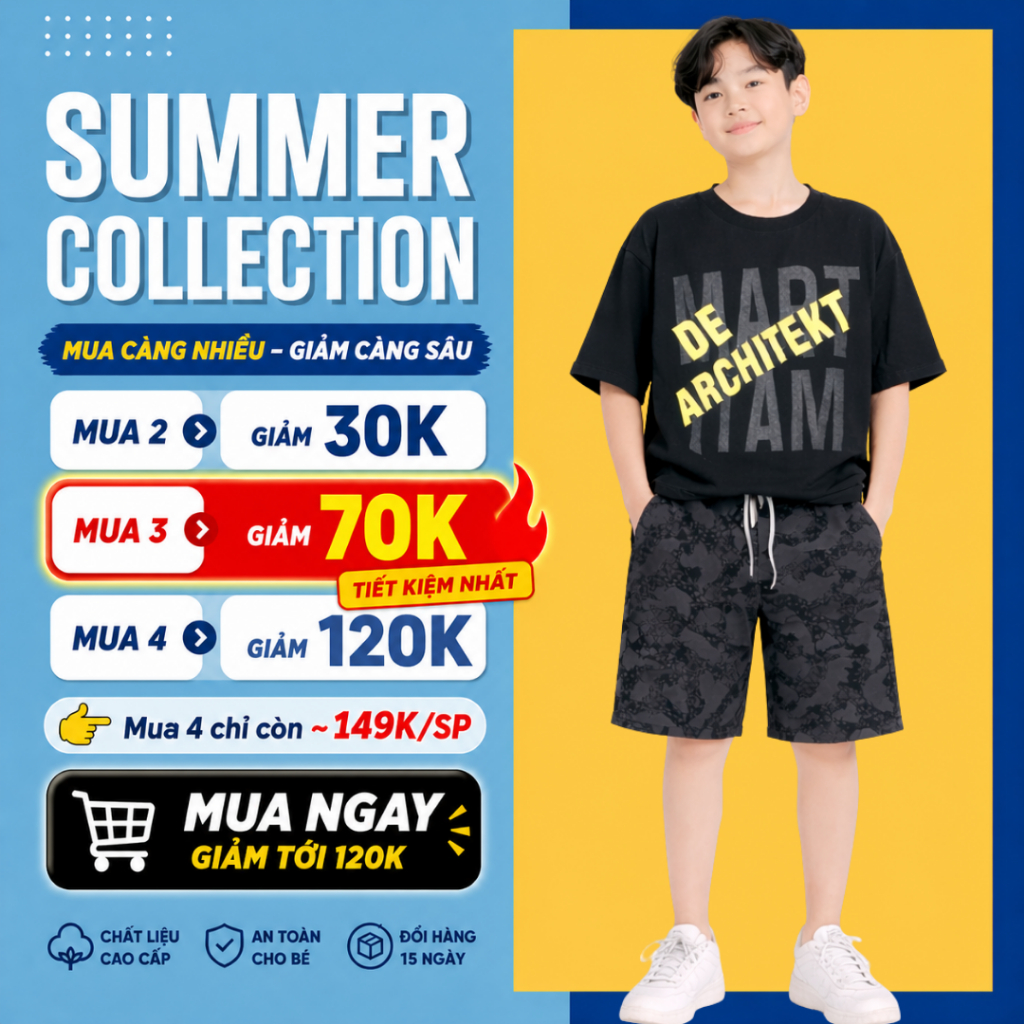 Đồ bộ bé trai mùa hè, áo thun quần short cotton co giãn, thoáng mát, 4-14 tuổi - B92 | JJ Kids