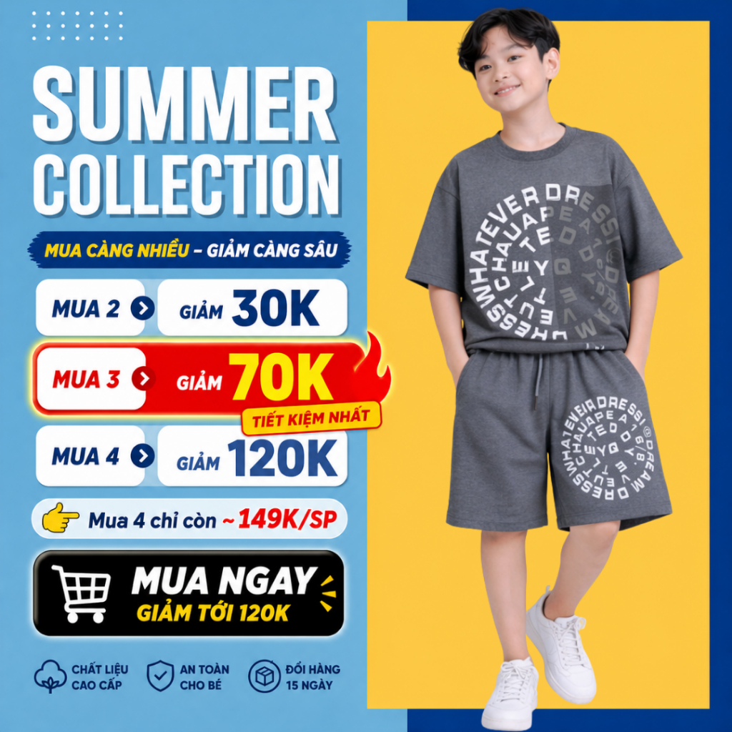 Đồ bộ bé trai mùa hè, áo thun quần short cotton co giãn, thoáng mát, 4-14 tuổi - B94 | JJ Kids