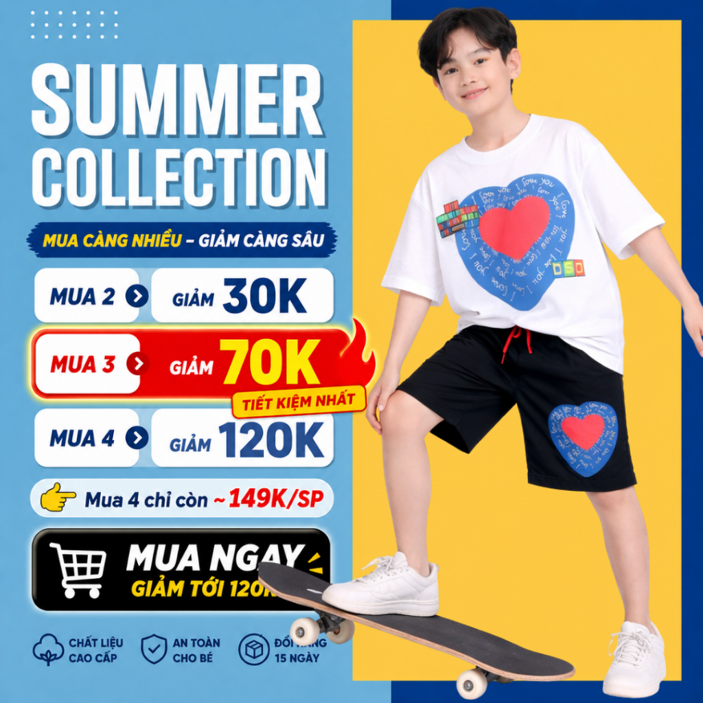 Đồ bộ bé trai mùa hè, áo thun quần short cotton co giãn, thoáng mát, 4-14 tuổi - B76 | JJ Kids