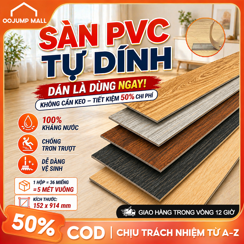 Sàn Nhựa Dán Sẵn Vân Gỗ 2mm Chống Nước, Chống Trơn Combo 36 Tấm (5m²) Dễ Thi Công Cho Phòng Khách, N