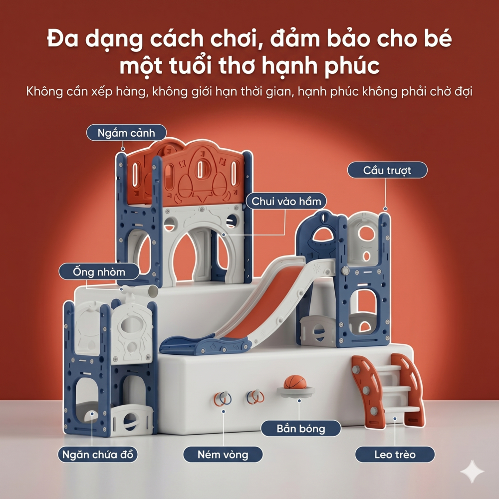 Cầu Trượt Cho Bé - Đồ Chơi Đa Năng Kèm Xích Đu Ném Rổ Nhựa HDPE An Toàn Tuyệt Đối Chống Nghiêng Tải Trọng 120kg