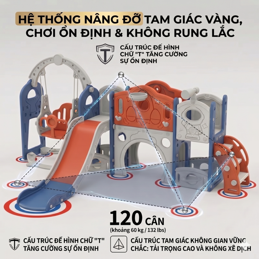 Cầu Trượt Cho Bé - Đồ Chơi Đa Năng Kèm Xích Đu Ném Rổ Nhựa HDPE An Toàn Tuyệt Đối Chống Nghiêng Tải Trọng 120kg