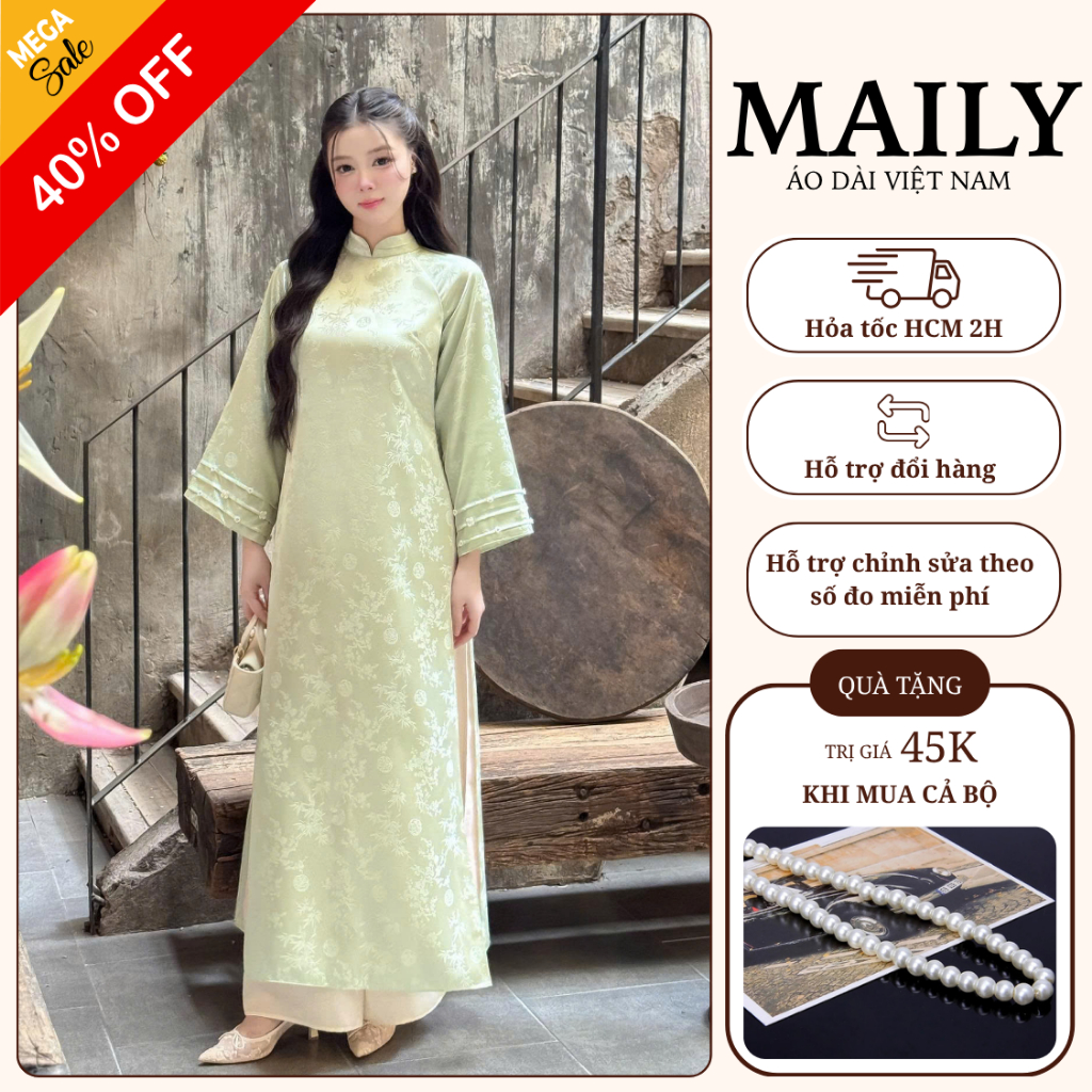 Áo Dài Gấm Thanh Vũ Cổ Cao Tay Dài Đính Hoa Xinh Họa Tiết Trúc Đào Có Bigsize - ÁO DÀI MAILY