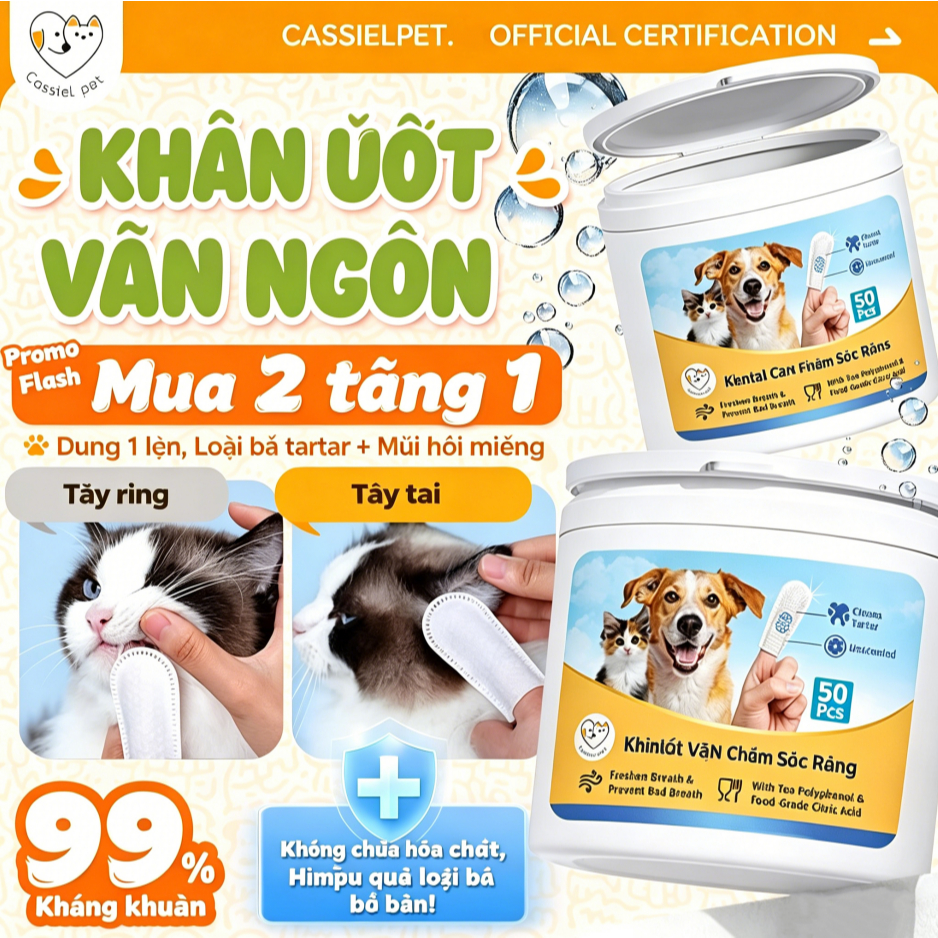 Cassiel Pet Cho Mèo Chó Khăn Uớt Lau Răng 50 Miếng Mắt Tai Thú Cưng Sạch Răng Chăm Sóc Miệng Loại Bỏ Cao Răng Mảng Bám