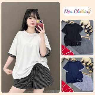 Set Bộ Bigsize Nữ Áo Thun Trơn Form Rộng Tay Ngắn Viền Kẻ Phối Quần Short Sọc Dọc SET872