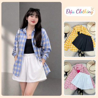 Set Sơ Mi 3 Món Bigsize Nữ Đi Biển Somi Sọc Caro Phối Áo Dây Quần Đùi Năng Động Cho Chubby