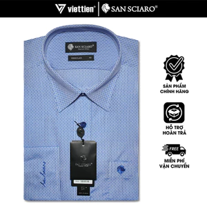 SANSCIARO SALE - Áo Sơ Mi SANSCIARO Dài Tay, Màu Xanh - Trắng, Họa Tiết Hoa Văn, Form Regular Lai Bầu