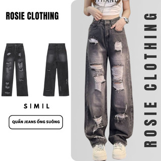 Quần Dài Jeans Nữ Suông Rách Ống Rộng Wash Khói Xám Mài Bạc Chất Vải Denim Bò Jean WQJ026