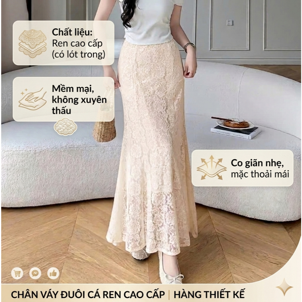 Chân Váy Đuôi Cá Ren Hoa Nổi Dáng Dài 90cm Ghép 7 Mảnh Tôn Dáng Mềm Mại Thướt Tha SHOPNGOCTRANG19 CV13