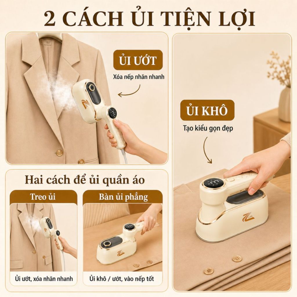 Bàn ủi hơi nước cầm tay Zlife chính hãng, Bàn là hơi nước mini công suất lớn 1500w gấp gọn 180°