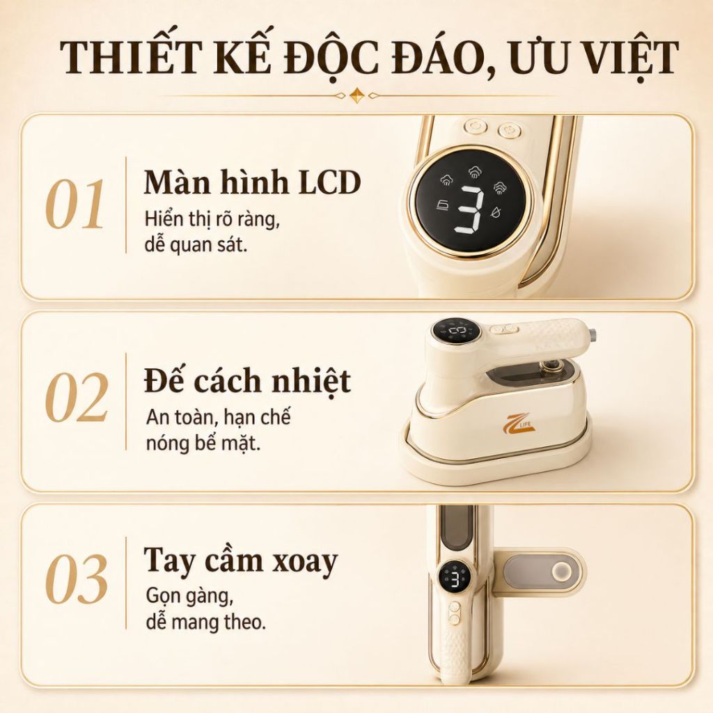 Bàn ủi hơi nước cầm tay Zlife gấp gọn tiện lợi 180°, Bàn là du lịch 1500W Bình chứa nước lớn 160ml