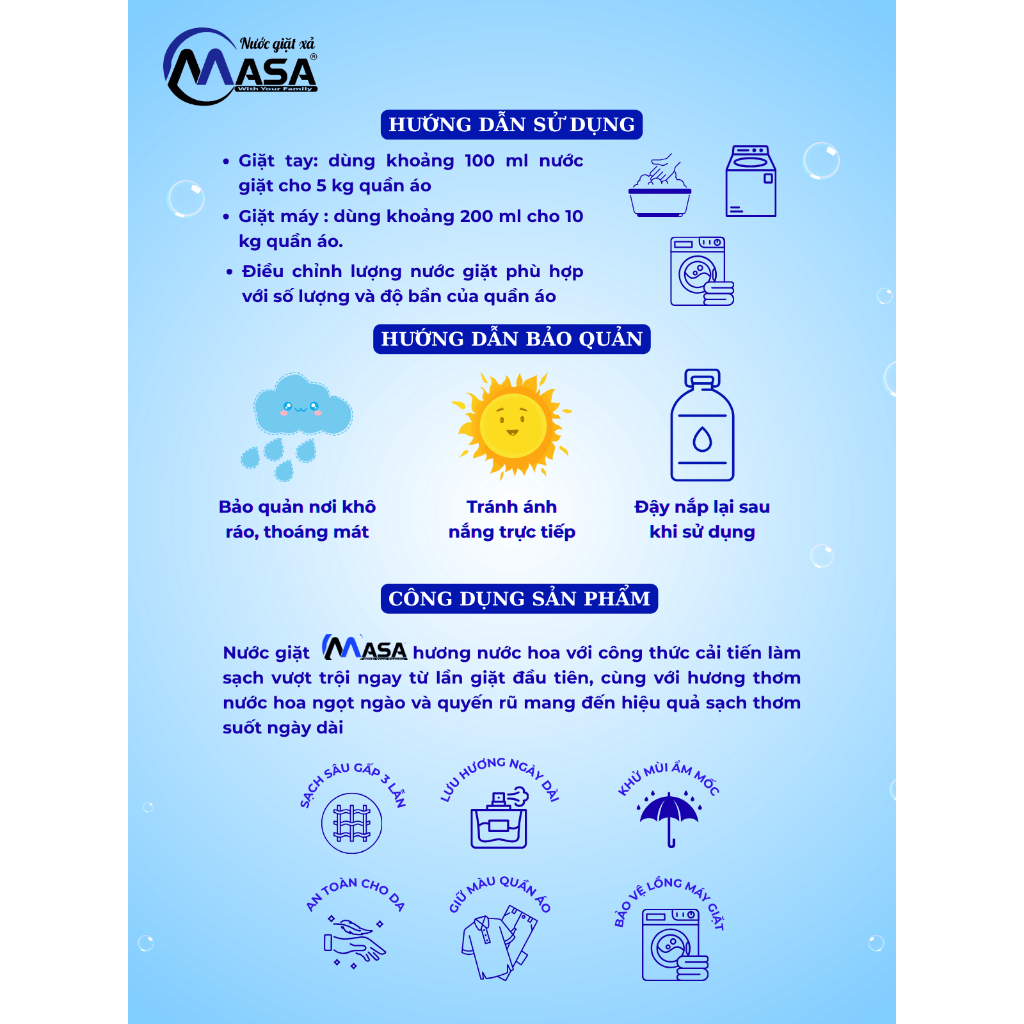 [Mới] Nước Giặt Xả Đậm Đặc MASA - Hương Hoa, Tiết Kiệm,  Sạch Sâu, Khử Khuẩn, Lưu Hương, Bền Màu