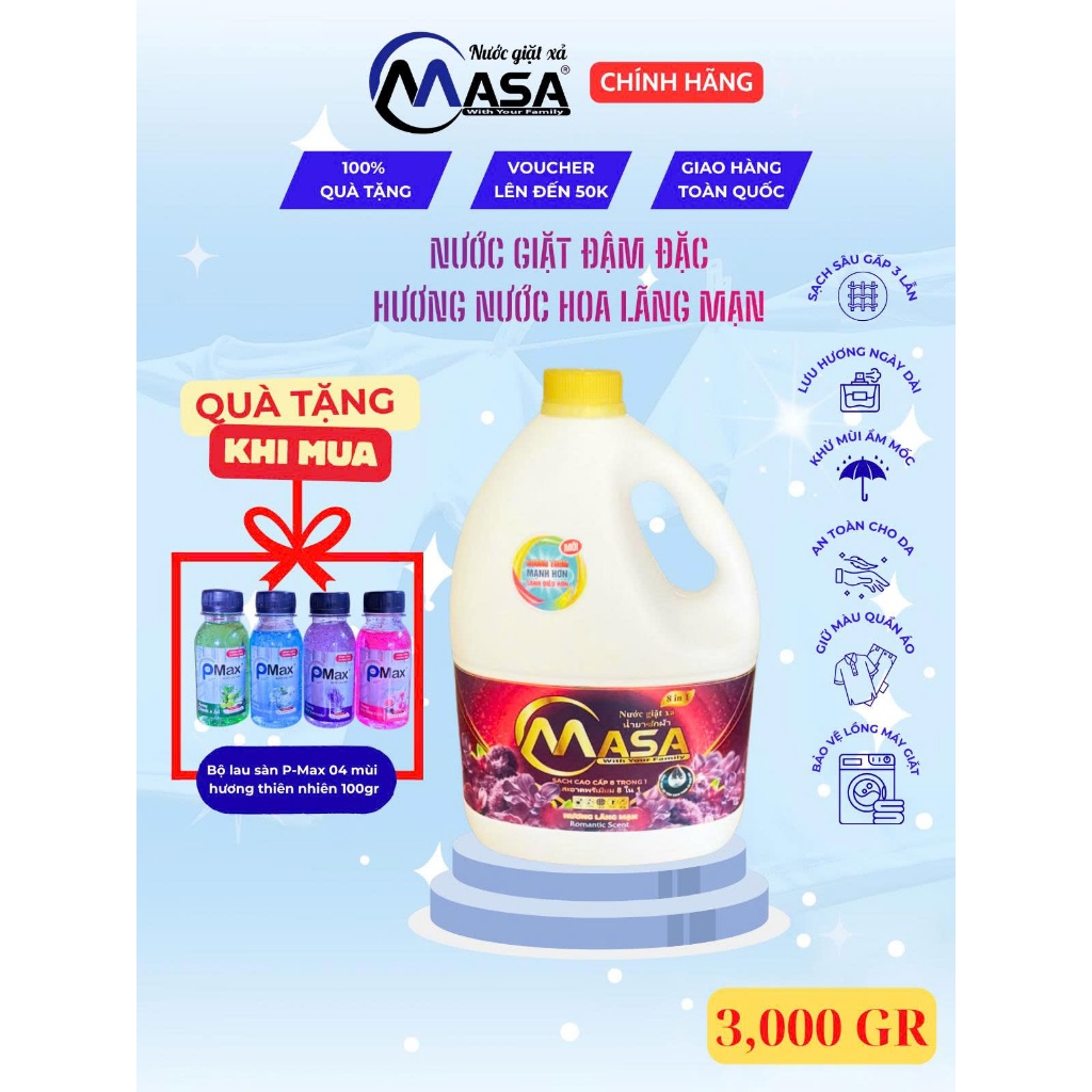 [Mới] Nước Giặt Xả Đậm Đặc MASA - Hương Hoa, Tiết Kiệm,  Sạch Sâu, Khử Khuẩn, Lưu Hương, Bền Màu