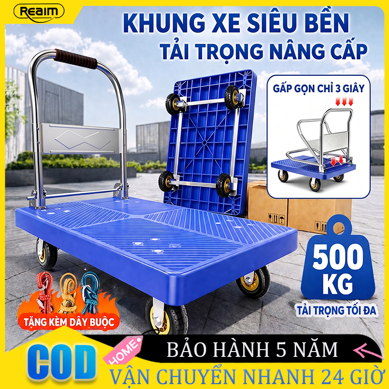 REAIM Xe đẩy hàng 4 bánh xe kéo hàng nhập khẩu bánh cao su siêu bền 500kg