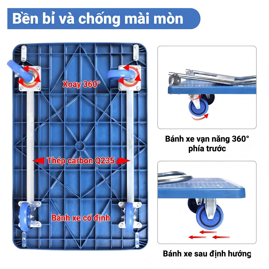 REAIM Xe đẩy hàng 4 bánh xe kéo hàng nhập khẩu bánh cao su siêu bền 500kg