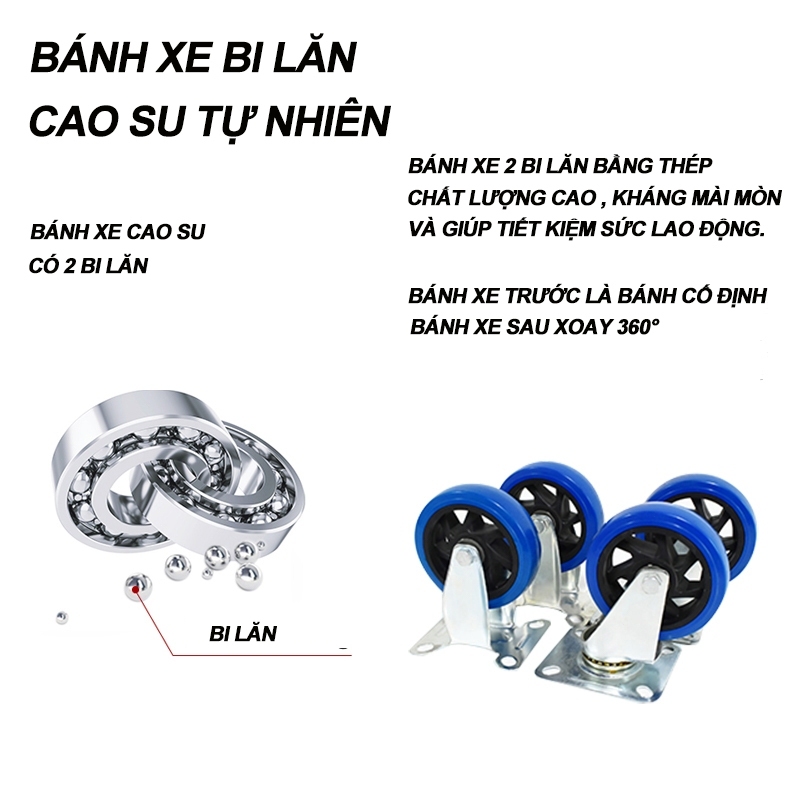 REAIM Xe đẩy hàng 4 bánh xe kéo hàng nhập khẩu bánh cao su siêu bền 500kg