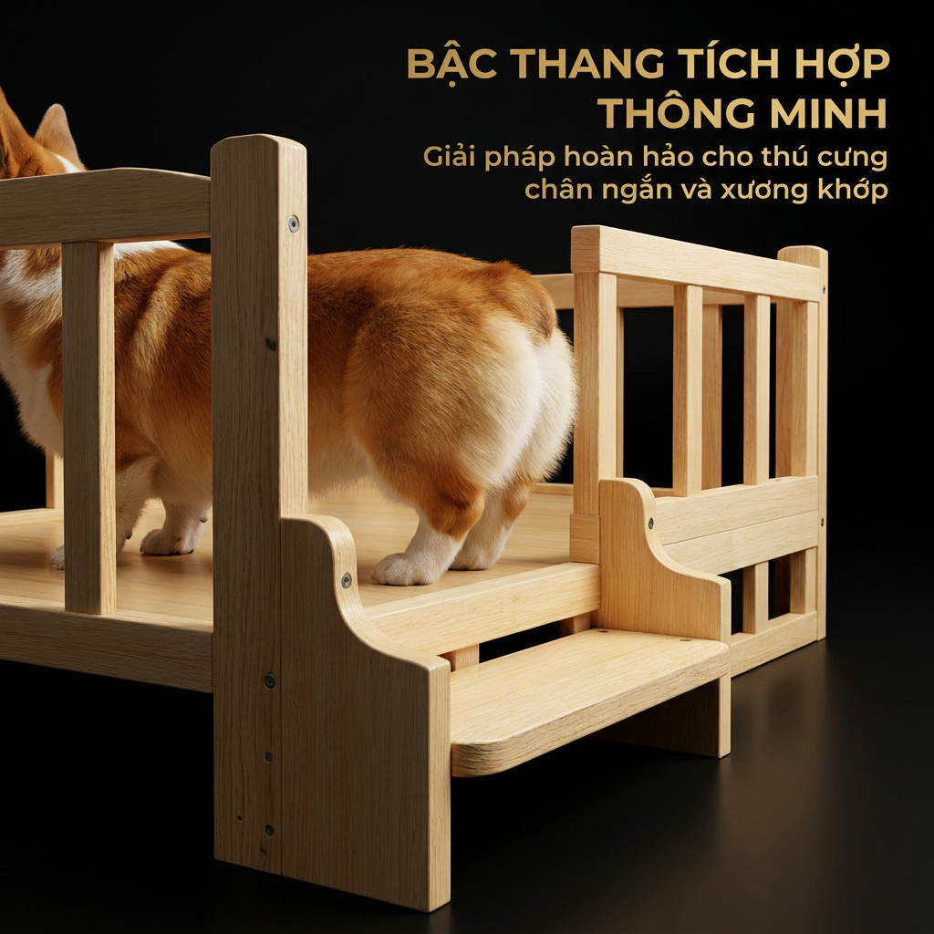 Giường Gỗ Nguyên Khối Cao Cấp Cho Chó Mèo Tháo Rời Giặt Được Ổ Nằm Nhỏ Trung Bình