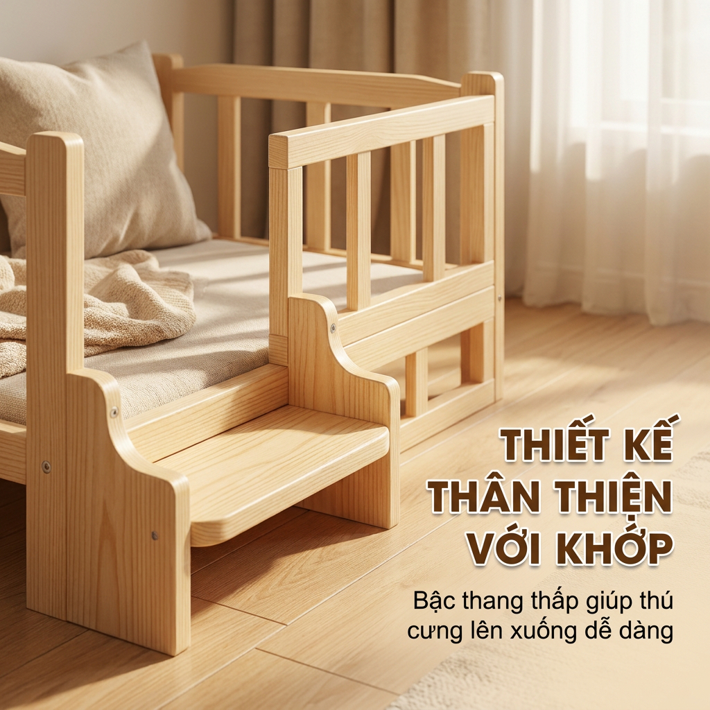 Giường Gỗ Nguyên Khối Cao Cấp Cho Chó Mèo Tháo Rời Giặt Được Ổ Nằm Nhỏ Trung Bình