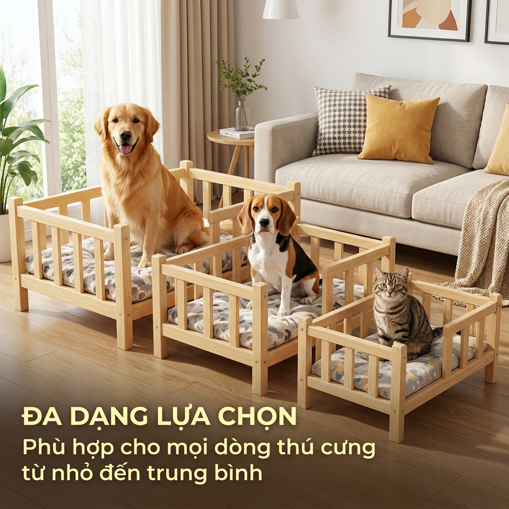 Giường Gỗ Nguyên Khối Cao Cấp Cho Chó Mèo Tháo Rời Giặt Được Ổ Nằm Nhỏ Trung Bình