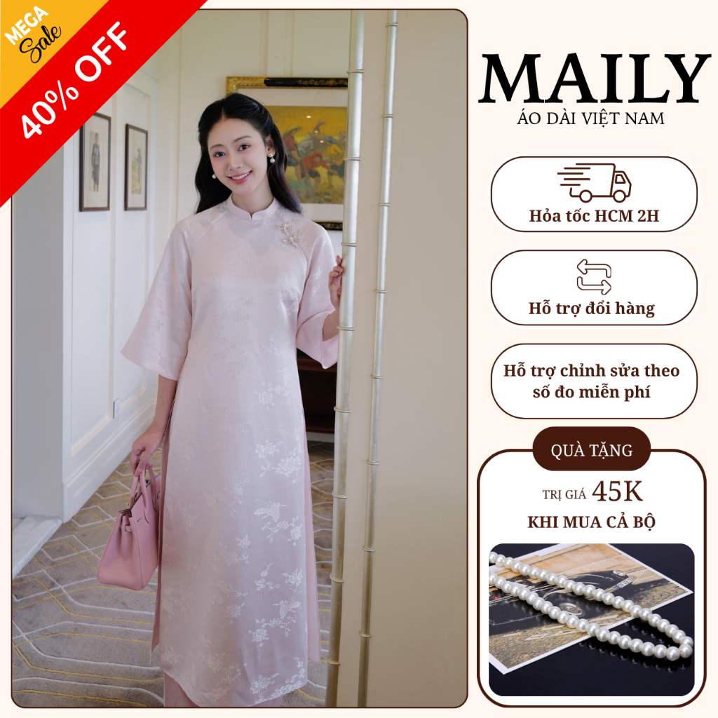 Áo Dài Mai Chi Dáng Cách Tân Đính Charm Xinh Xắn Gấm Châu Sa Họa Tiết Bướm - ÁO DÀI MAILY