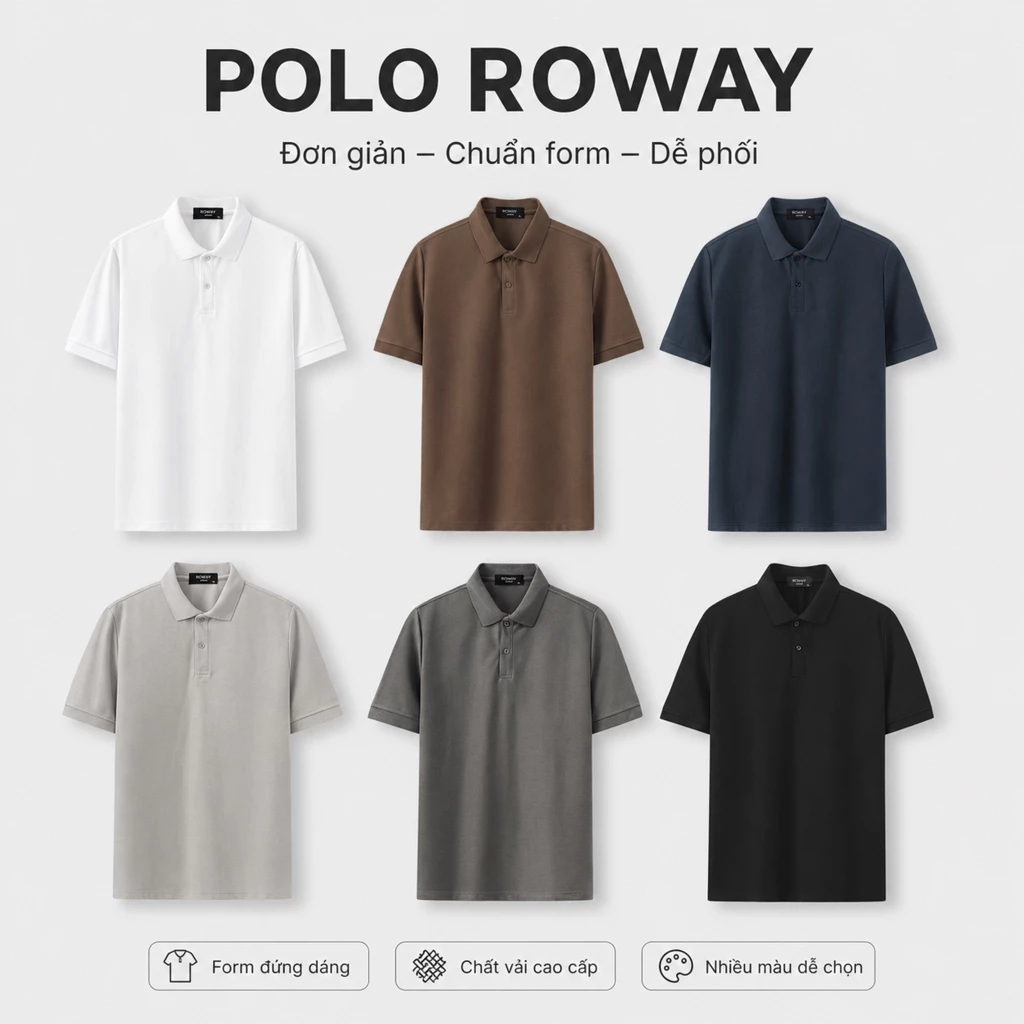 Áo thun polo nam ROWAY cotton thoáng mát, thấm hút, không nhăn form regular, polo trơn — thời trang couple Việt Nam