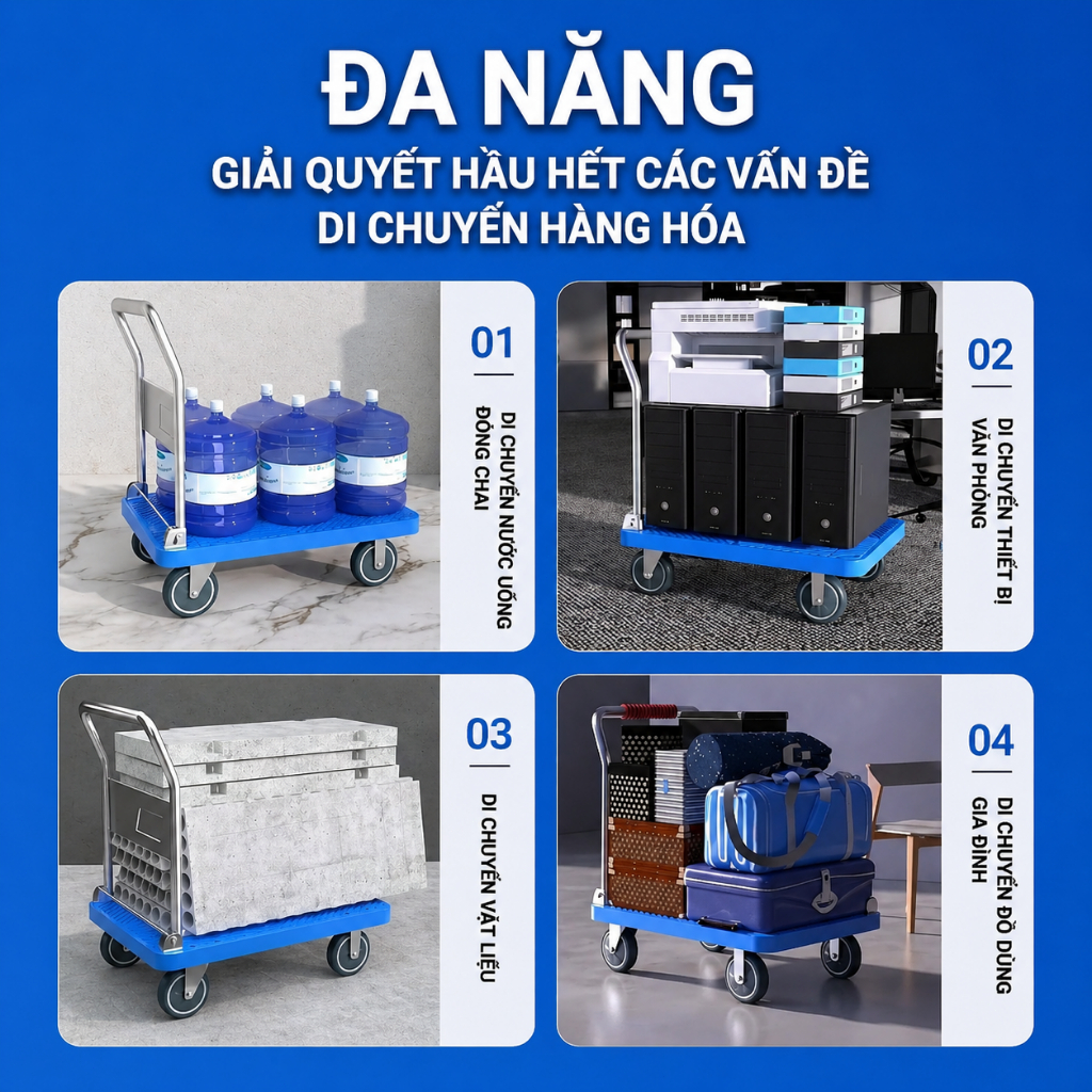 REAIM Xe đẩy hàng 4 bánh xe kéo hàng nhập khẩu bánh cao su siêu bền 500kg