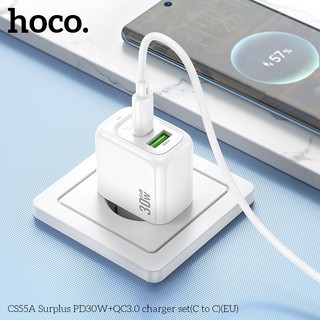 Bộ sạc nhanh 2 cổng Hoco CS55A kèm cáp Type-C to TypeC PD 30W, chân tròn EU (Trắng)