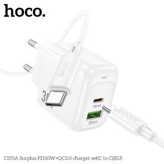 Bộ sạc nhanh 2 cổng Hoco CS55A kèm cáp Type-C to TypeC PD 30W, chân tròn EU (Trắng)