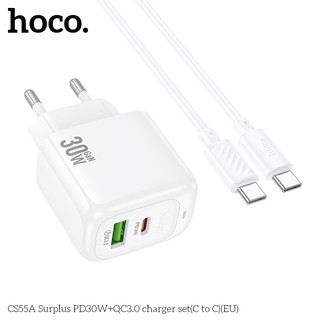 Bộ sạc nhanh 2 cổng Hoco CS55A kèm cáp Type-C to TypeC PD 30W, chân tròn EU (Trắng)