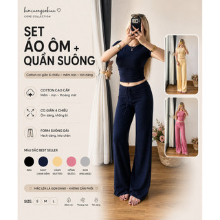 Signature Set Body Fit Áo Ôm Dáng Tay Ngắn & Quần Dài Ống Suông Có Dây Rút Chất Liệu Thun Co Giãn  Mềm Mịn Tôn Dáng