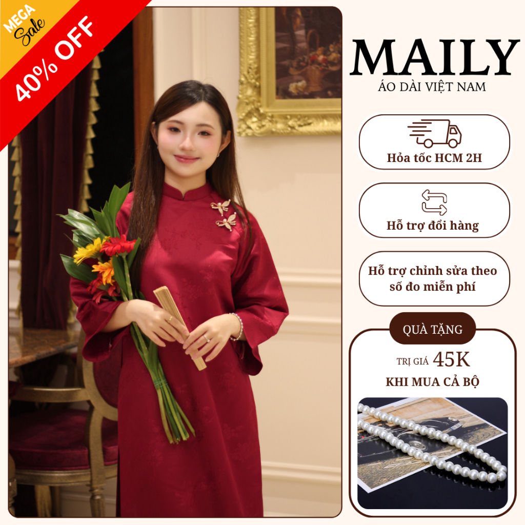 Áo Dài Cách Tân Mai Chi Gấm Châu Sa Đính Charm Tinh Tế Vải Thêu Bướm - ÁO DÀI MAILY