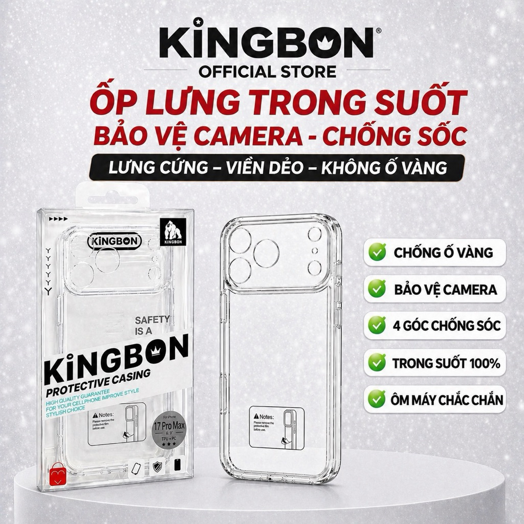 Ốp iPhone KiNGBON Lưng Cứng Viền Dẻo Bảo Vệ Camera Trong Suốt Chống Ố Vàng iP 12 đến 17 PRO MAX