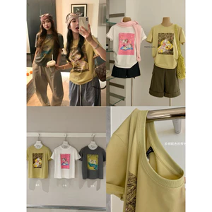WGWE | Áo thun bo cổ cao cấp in hình kỳ lân graffiti vẽ tay, dáng rộng phong cách Mỹ – W9426#
