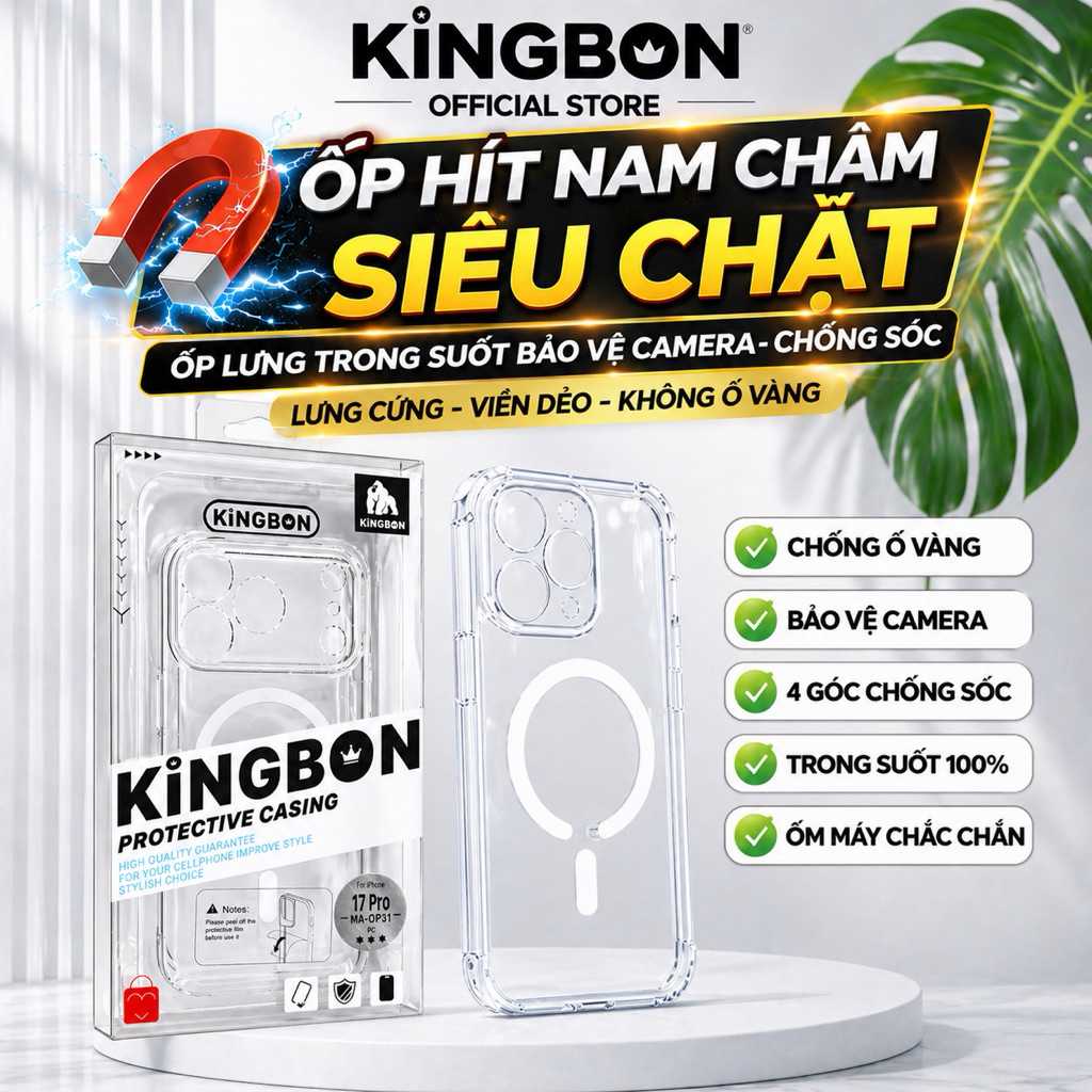 Ốp Lưng iPhone KiNGBON Trong Suốt Sạc Không Dây - Màng Bảo Vệ Camera - Không Ố Vàng Cho IPhone
