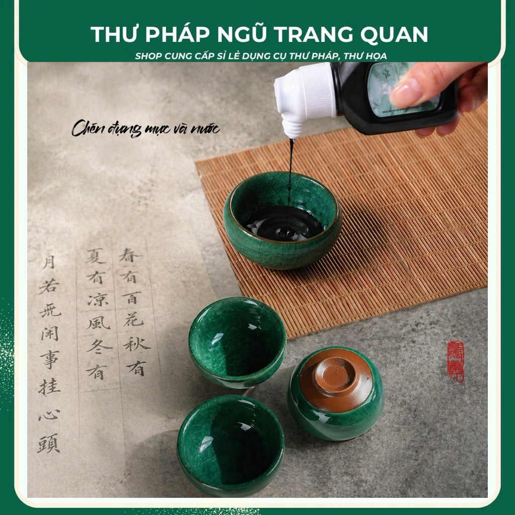 Chén đựng mực thư pháp men rạn cao cấp – gốm sứ mini màu xanh đá cây, chén đổ mực & rửa bút