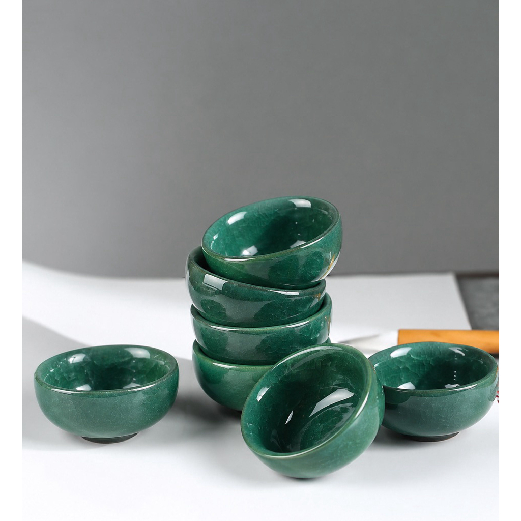 Chén đựng mực thư pháp men rạn cao cấp – gốm sứ mini màu xanh đá cây, chén đổ mực & rửa bút
