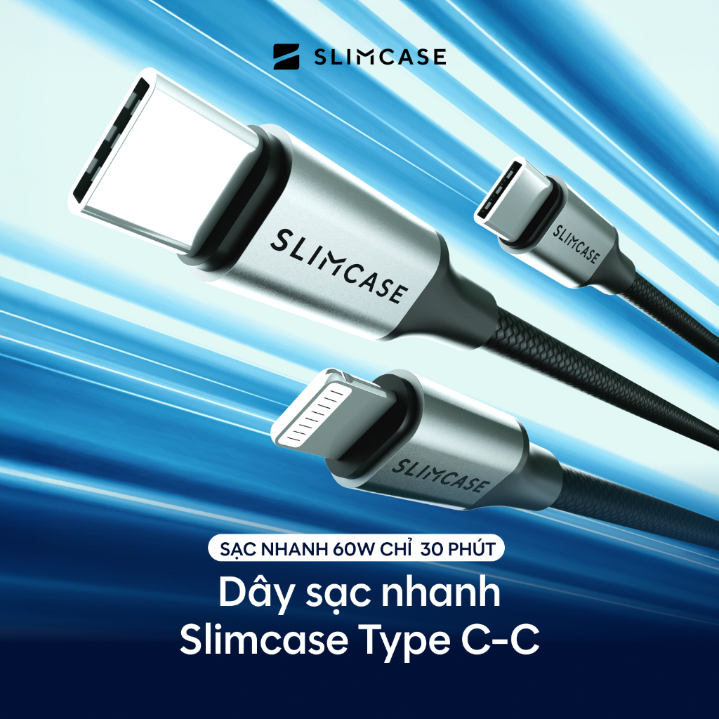 Dây sạc nhanh USB C-C 60W SLIMCASE dài 100cm - Bọc dù siêu bền, sạc nhanh chưa đầy 45 phút
