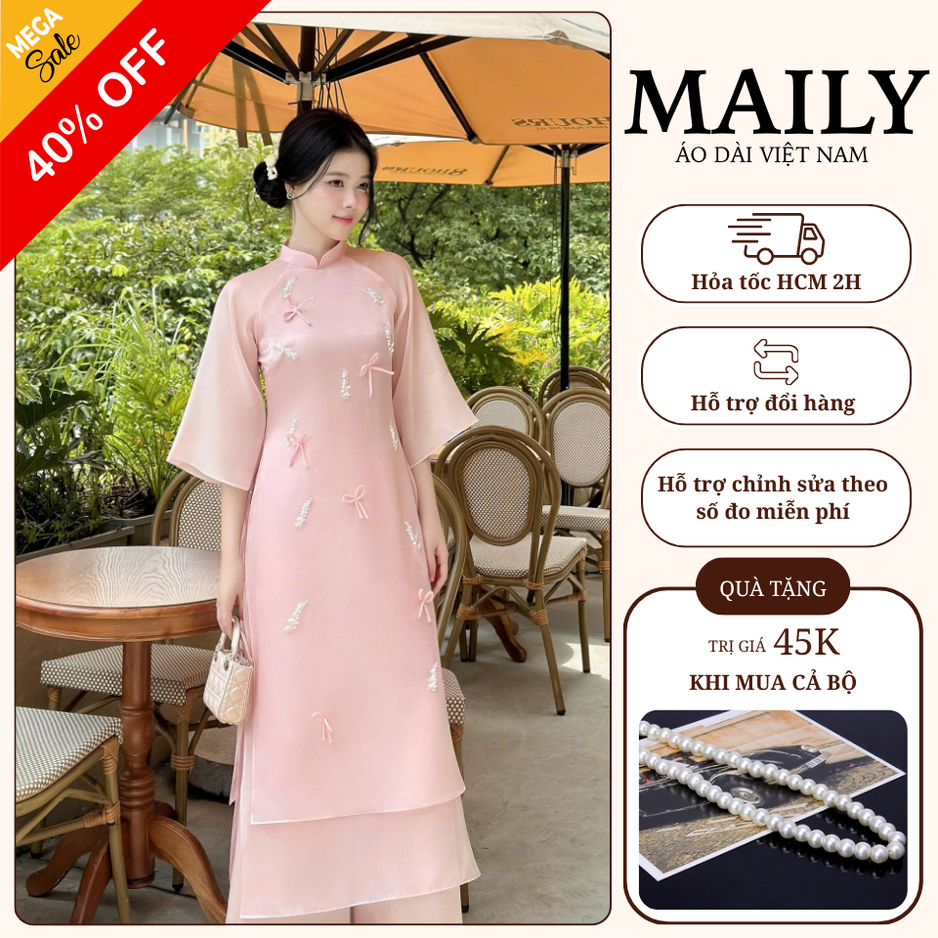 Áo Dài Cách Tân 4 Tà Mai An Thiết Kế Trẻ Trung Màu Hồng Nhẹ Nhàng Cho Nàng - ÁO DÀI MAILY