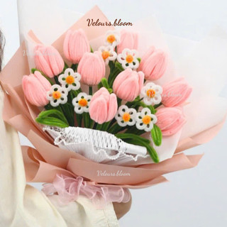 (Set Tự Làm) Bó Hoa Tulip Kẽm Nhung Handmade Mix Hoa Cúc Trắng Và Hoa Lily Hồng - Vẻ Đẹp Tinh Tế, Bền Lâu