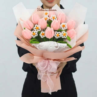 (Set Tự Làm) Bó Hoa Tulip Kẽm Nhung Handmade Mix Hoa Cúc Trắng Và Hoa Lily Hồng - Vẻ Đẹp Tinh Tế, Bền Lâu