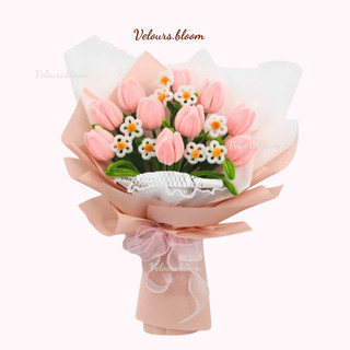(Set Tự Làm) Bó Hoa Tulip Kẽm Nhung Handmade Mix Hoa Cúc Trắng Và Hoa Lily Hồng - Vẻ Đẹp Tinh Tế, Bền Lâu
