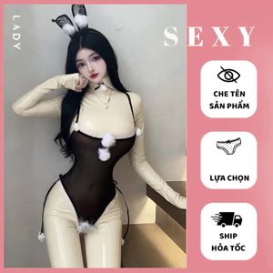 Set cosplay thỏ bông trắng sexy gợi cảm JS52 Bodysuit đồ ngủ liền thân bunny đen xẻ đáy quyến rũ