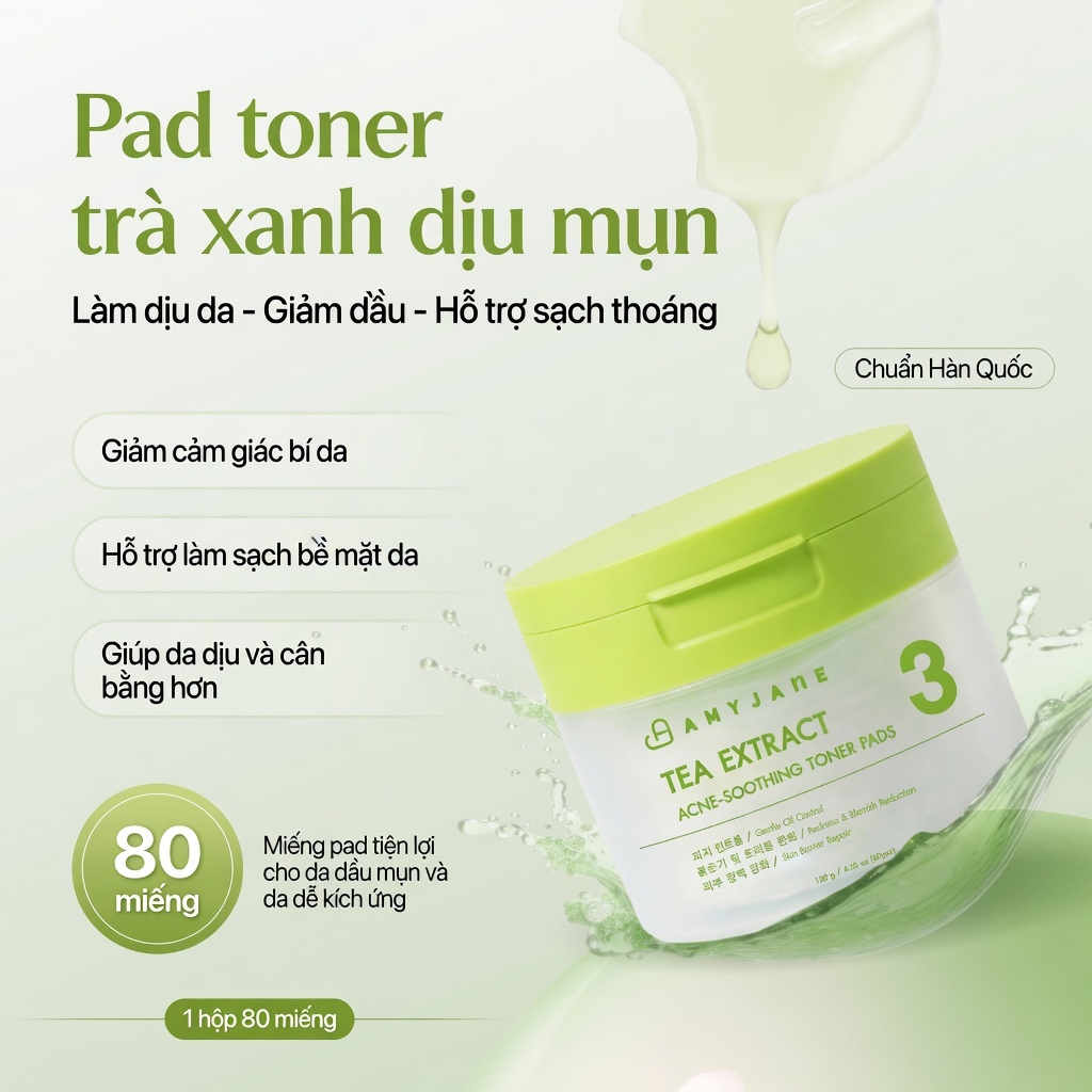 AMYJANE Tone Pad Trà Xanh Miếng Lau Toner Cấp Ẩm Nhiều Nước Làm Dịu Da Dầu Mụn 10/80 Miếng